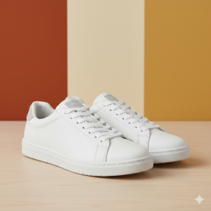 A real photo of a pair of clean, white leather sneakers with white laces. This image represents casual footwear, helping students distinguish between formal and informal shoes while practicing: "I am wearing sneakers because I am going for a walk."